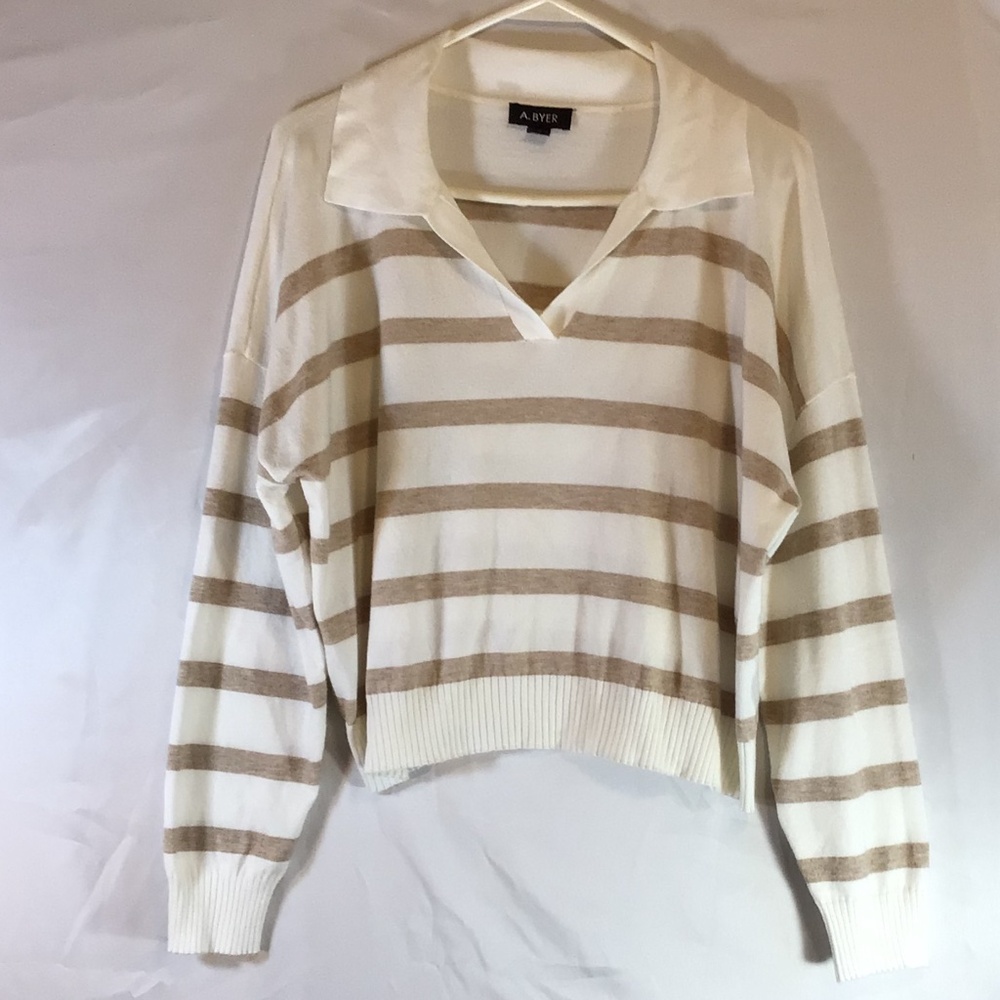 A. Byer XL Striped Collared Sweater Beige Cream Pullover Preppy Knit Long Sleeve